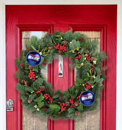 A Christmas wreath with the Window Ware logo