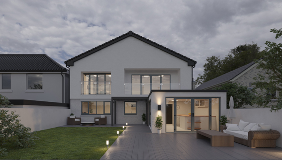 A large white house with aluminium windows and doors