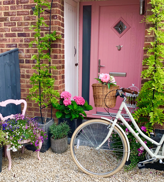 A pink front door