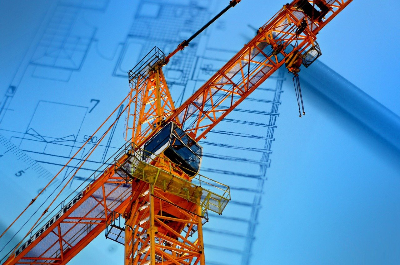 A crane superimposed on a technical drawing