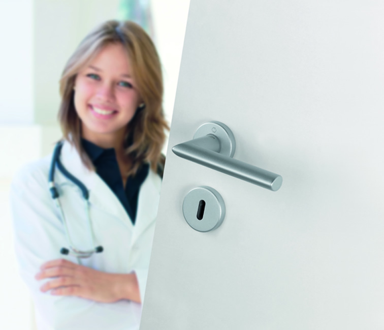 SecuSan, an antibacterial and antimicrobial surface for door and window handles.