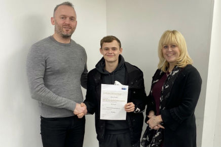 Jonathan Woods, the CITB's Nikki Parsons and Reece Cooper with the Barry & Peggy Scholarship Award.